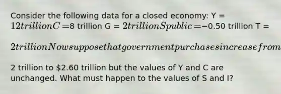 Consider the following data for a closed​ economy: Y​ = ​12 trillion C​ = ​8 trillion G​ = ​2 trillion Spublic ​ = ​−0.50 trillion T​ = ​2 trillion Now suppose that government purchases increase from ​2 trillion to ​2.60 trillion but the values of Y and C are unchanged. What must happen to the values of S and​ I?