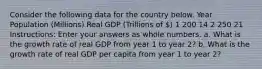 Consider the following data for the country below. Year Population (Millions) Real GDP (Trillions of ) 1 200 14 2 250 21 Instructions: Enter your answers as whole numbers. a. What is the growth rate of real GDP from year 1 to year 2? b. What is the growth rate of real GDP per capita from year 1 to year 2?