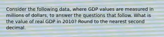 Consider the following data, where GDP values are measured in millions of dollars, to answer the questions that follow. What is the value of real GDP in 2010? Round to the nearest second decimal.