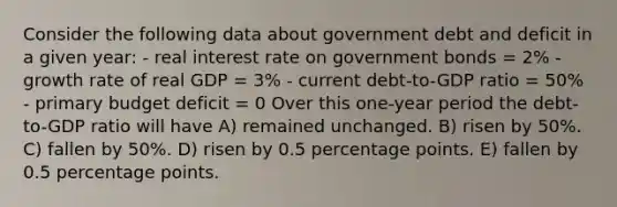 Consider the following data about government debt and deficit in a given year: - real interest rate on government bonds = 2% - growth rate of real GDP = 3% - current debt-to-GDP ratio = 50% - primary budget deficit = 0 Over this one-year period the debt-to-GDP ratio will have A) remained unchanged. B) risen by 50%. C) fallen by 50%. D) risen by 0.5 percentage points. E) fallen by 0.5 percentage points.