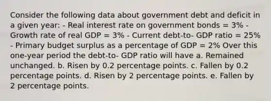 Consider the following data about government debt and deficit in a given year: - Real interest rate on government bonds = 3% - Growth rate of real GDP = 3% - Current debt-to- GDP ratio = 25% - Primary budget surplus as a percentage of GDP = 2% Over this one-year period the debt-to- GDP ratio will have a. Remained unchanged. b. Risen by 0.2 percentage points. c. Fallen by 0.2 percentage points. d. Risen by 2 percentage points. e. Fallen by 2 percentage points.