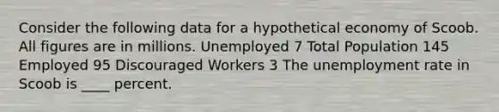 Consider the following data for a hypothetical economy of Scoob. All figures are in millions. Unemployed 7 Total Population 145 Employed 95 Discouraged Workers 3 The <a href='https://www.questionai.com/knowledge/kh7PJ5HsOk-unemployment-rate' class='anchor-knowledge'>unemployment rate</a> in Scoob is ____ percent.