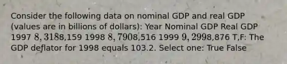 Consider the following data on nominal GDP and real GDP (values are in billions of dollars): Year Nominal GDP Real GDP 1997 8,3188,159 1998 8,7908,516 1999 9,2998,876 T,F: The GDP deflator for 1998 equals 103.2. Select one: True False