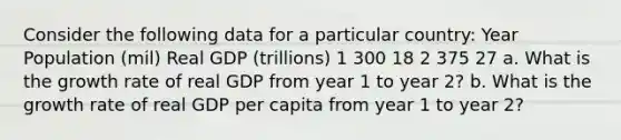 Consider the following data for a particular country: Year Population (mil) Real GDP (trillions) 1 300 18 2 375 27 a. What is the growth rate of real GDP from year 1 to year 2? b. What is the growth rate of real GDP per capita from year 1 to year 2?