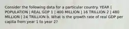 Consider the following data for a particular country. YEAR | POPULATION | REAL GDP 1 | 400 MILLION | 16 TRILLION 2 | 480 MILLION | 24 TRILLION b. What is the growth rate of real GDP per capita from year 1 to year 2?