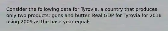 Consider the following data for Tyrovia, a country that produces only two products: guns and butter. Real GDP for Tyrovia for 2018 using 2009 as the base year equals