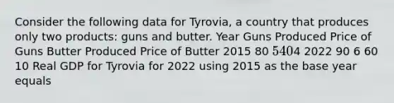 Consider the following data for​ Tyrovia, a country that produces only two​ products: guns and butter. Year Guns Produced Price of Guns Butter Produced Price of Butter 2015 80 ​5 40 ​4 2022 90 6 60 10 Real GDP for Tyrovia for 2022 using 2015 as the base year equals