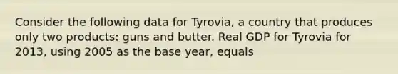 Consider the following data for Tyrovia, a country that produces only two products: guns and butter. Real GDP for Tyrovia for 2013, using 2005 as the base year, equals