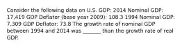 Consider the following data on U.S. GDP: 2014 Nominal GDP: 17,419 GDP Deflator (base year 2009): 108.3 1994 Nominal GDP: 7,309 GDP Deflator: 73.8 The growth rate of nominal GDP between 1994 and 2014 was _______ than the growth rate of real GDP.