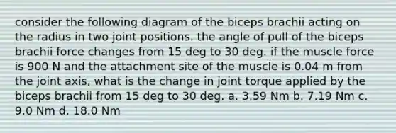 consider the following diagram of the biceps brachii acting on the radius in two joint positions. the angle of pull of the biceps brachii force changes from 15 deg to 30 deg. if the muscle force is 900 N and the attachment site of the muscle is 0.04 m from the joint axis, what is the change in joint torque applied by the biceps brachii from 15 deg to 30 deg. a. 3.59 Nm b. 7.19 Nm c. 9.0 Nm d. 18.0 Nm