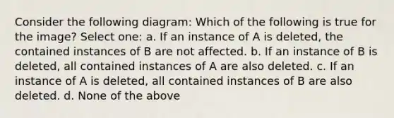 Consider the following diagram: Which of the following is true for the image? Select one: a. If an instance of A is deleted, the contained instances of B are not affected. b. If an instance of B is deleted, all contained instances of A are also deleted. c. If an instance of A is deleted, all contained instances of B are also deleted. d. None of the above