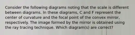 Consider the following diagrams noting that the scale is different between diagrams. In these diagrams, C and F represent the center of curvature and the focal point of the convex mirror, respectively. The image formed by the mirror is obtained using the ray tracing technique. Which diagram(s) are correct?