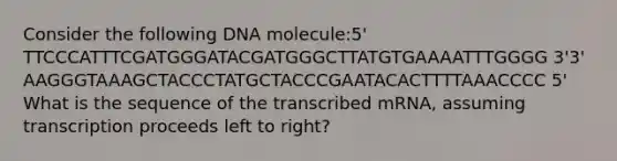 Consider the following DNA molecule:5' TTCCCATTTCGATGGGATACGATGGGCTTATGTGAAAATTTGGGG 3'3' AAGGGTAAAGCTACCCTATGCTACCCGAATACACTTTTAAACCCC 5' What is the sequence of the transcribed mRNA, assuming transcription proceeds left to right?