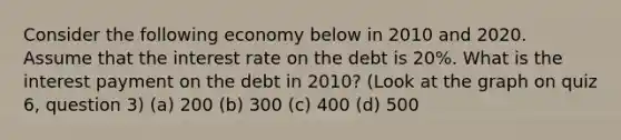 Consider the following economy below in 2010 and 2020. Assume that the interest rate on the debt is 20%. What is the interest payment on the debt in 2010? (Look at the graph on quiz 6, question 3) (a) 200 (b) 300 (c) 400 (d) 500