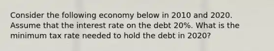 Consider the following economy below in 2010 and 2020. Assume that the interest rate on the debt 20%. What is the minimum tax rate needed to hold the debt in 2020?