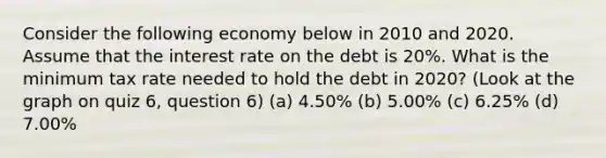 Consider the following economy below in 2010 and 2020. Assume that the interest rate on the debt is 20%. What is the minimum tax rate needed to hold the debt in 2020? (Look at the graph on quiz 6, question 6) (a) 4.50% (b) 5.00% (c) 6.25% (d) 7.00%