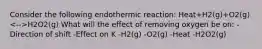 Consider the following endothermic reaction: Heat+H2(g)+O2(g) H2O2(g) What will the effect of removing oxygen be on: -Direction of shift -Effect on K -H2(g) -O2(g) -Heat -H2O2(g)