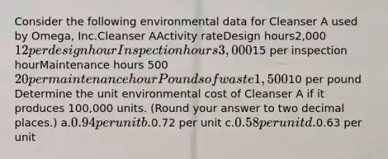 Consider the following environmental data for Cleanser A used by Omega, Inc.Cleanser AActivity rateDesign hours2,00012 per design hourInspection hours3,00015 per inspection hourMaintenance hours 50020 per maintenance hourPounds of waste1,50010 per pound Determine the unit environmental cost of Cleanser A if it produces 100,000 units. (Round your answer to two decimal places.) a.0.94 per unit b.0.72 per unit c.0.58 per unit d.0.63 per unit