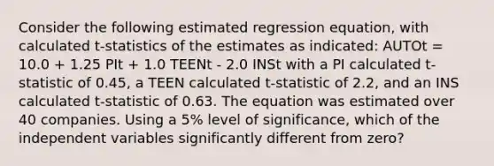 Consider the following estimated regression equation, with calculated t-statistics of the estimates as indicated: AUTOt = 10.0 + 1.25 PIt + 1.0 TEENt - 2.0 INSt with a PI calculated t-statistic of 0.45, a TEEN calculated t-statistic of 2.2, and an INS calculated t-statistic of 0.63. The equation was estimated over 40 companies. Using a 5% level of significance, which of the independent variables significantly different from zero?