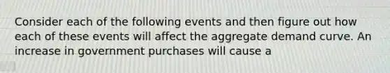 Consider each of the following events and then figure out how each of these events will affect the aggregate demand curve. An increase in government purchases will cause a