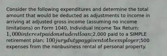 Consider the following expenditures and determine the total amount that would be deducted as adjustments to income in arriving at adjusted gross income (assuming no income limitations) on Form 1040, Individual Income Tax Return: 1,000 interest paid on student loan;2,000 paid to a SIMPLE retirement plan; 100 jury duty pay given to the employer;500 expenses from the nonbusiness rental of personal property.