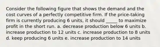 Consider the following figure that shows the demand and the cost curves of a perfectly competitive firm. If the price-taking firm is currently producing 6 units, it should _____ to maximize profit in the short run. a. ​decrease production below 6 units b. ​increase production to 12 units c. ​increase production to 8 units d. ​keep producing 6 units e. ​increase production to 14 units