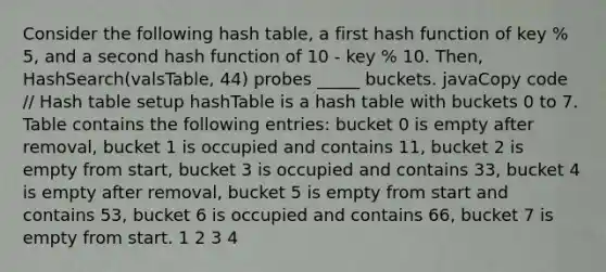 Consider the following hash table, a first hash function of key % 5, and a second hash function of 10 - key % 10. Then, HashSearch(valsTable, 44) probes _____ buckets. javaCopy code // Hash table setup hashTable is a hash table with buckets 0 to 7. Table contains the following entries: bucket 0 is empty after removal, bucket 1 is occupied and contains 11, bucket 2 is empty from start, bucket 3 is occupied and contains 33, bucket 4 is empty after removal, bucket 5 is empty from start and contains 53, bucket 6 is occupied and contains 66, bucket 7 is empty from start. 1 2 3 4