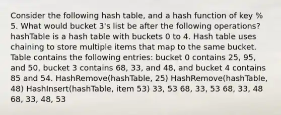 Consider the following hash table, and a hash function of key % 5. What would bucket 3's list be after the following operations? hashTable is a hash table with buckets 0 to 4. Hash table uses chaining to store multiple items that map to the same bucket. Table contains the following entries: bucket 0 contains 25, 95, and 50, bucket 3 contains 68, 33, and 48, and bucket 4 contains 85 and 54. HashRemove(hashTable, 25) HashRemove(hashTable, 48) HashInsert(hashTable, item 53) 33, 53 68, 33, 53 68, 33, 48 68, 33, 48, 53