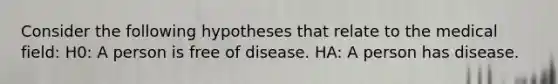 Consider the following hypotheses that relate to the medical field: H0: A person is free of disease. HA: A person has disease.