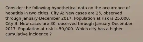 Consider the following hypothetical data on the occurrence of hepatitis in two cities: City A: New cases are 25, observed through January-December 2017. Population at risk is 25,000. City B: New cases are 30, observed through January-December 2017. Population at risk is 50,000. Which city has a higher cumulative incidence ?