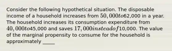 Consider the following hypothetical situation. The disposable income of a household increases from 50,000 to62,000 in a year. The household increases its consumption expenditure from 40,000 to45,000 and saves 17,000 instead of10,000. The value of the marginal propensity to consume for the household is approximately _____