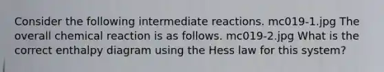 Consider the following intermediate reactions. mc019-1.jpg The overall chemical reaction is as follows. mc019-2.jpg What is the correct enthalpy diagram using the Hess law for this system?