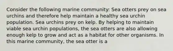 Consider the following marine community: Sea otters prey on sea urchins and therefore help maintain a healthy sea urchin population. Sea urchins prey on kelp. By helping to maintain viable sea urchin populations, the sea otters are also allowing enough kelp to grow and act as a habitat for other organisms. In this marine community, the sea otter is a