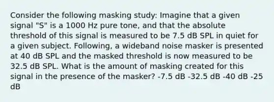 Consider the following masking study: Imagine that a given signal "S" is a 1000 Hz pure tone, and that the absolute threshold of this signal is measured to be 7.5 dB SPL in quiet for a given subject. Following, a wideband noise masker is presented at 40 dB SPL and the masked threshold is now measured to be 32.5 dB SPL. What is the amount of masking created for this signal in the presence of the masker? -7.5 dB -32.5 dB -40 dB -25 dB