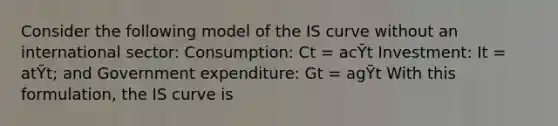 Consider the following model of the IS curve without an international sector: Consumption: Ct = acȲt Investment: It = atȲt; and Government expenditure: Gt = agȲt With this formulation, the IS curve is