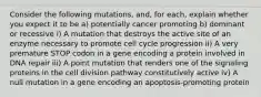 Consider the following mutations, and, for each, explain whether you expect it to be a) potentially cancer promoting b) dominant or recessive i) A mutation that destroys the active site of an enzyme necessary to promote cell cycle progression ii) A very premature STOP codon in a gene encoding a protein involved in DNA repair iii) A point mutation that renders one of the signaling proteins in the cell division pathway constitutively active iv) A null mutation in a gene encoding an apoptosis-promoting protein