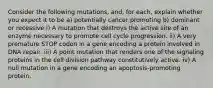 Consider the following mutations, and, for each, explain whether you expect it to be a) potentially cancer promoting b) dominant or recessive i) A mutation that destroys the active site of an enzyme necessary to promote cell cycle progression. ii) A very premature STOP codon in a gene encoding a protein involved in DNA repair. iii) A point mutation that renders one of the signaling proteins in the cell division pathway constitutively active. iv) A null mutation in a gene encoding an apoptosis-promoting protein.