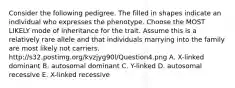 Consider the following pedigree. The filled in shapes indicate an individual who expresses the phenotype. Choose the MOST LIKELY mode of inheritance for the trait. Assume this is a relatively rare allele and that individuals marrying into the family are most likely not carriers. http://s32.postimg.org/kvzjyg90l/Question4.png A. X-linked dominant B. autosomal dominant C. Y-linked D. autosomal recessive E. X-linked recessive