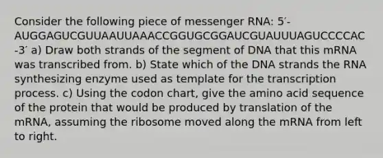 Consider the following piece of messenger RNA: 5′-AUGGAGUCGUUAAUUAAACCGGUGCGGAUCGUAUUUAGUCCCCAC-3′ a) Draw both strands of the segment of DNA that this mRNA was transcribed from. b) State which of the DNA strands the RNA synthesizing enzyme used as template for the transcription process. c) Using the codon chart, give the amino acid sequence of the protein that would be produced by translation of the mRNA, assuming the ribosome moved along the mRNA from left to right.