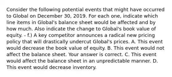 Consider the following potential events that might have occurred to Global on December​ 30, 2019. For each​ one, indicate which line items in​ Global's balance sheet would be affected and by how much. Also indicate the change to​ Global's book value of equity. - f.) A key competitor announces a radical new pricing policy that will drastically undercut​ Global's prices. A. This event would decrease the book value of equity. B. This event would not affect the balance sheet. Your answer is correct. C. This event would affect the balance sheet in an unpredictable manner. D. This event would decrease inventory.