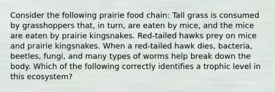 Consider the following prairie food chain: Tall grass is consumed by grasshoppers that, in turn, are eaten by mice, and the mice are eaten by prairie kingsnakes. Red-tailed hawks prey on mice and prairie kingsnakes. When a red-tailed hawk dies, bacteria, beetles, fungi, and many types of worms help break down the body. Which of the following correctly identifies a trophic level in this ecosystem?