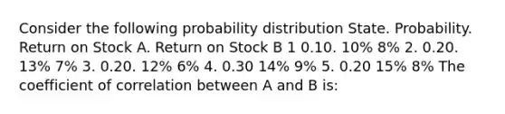 Consider the following probability distribution State. Probability. Return on Stock A. Return on Stock B 1 0.10. 10% 8% 2. 0.20. 13% 7% 3. 0.20. 12% 6% 4. 0.30 14% 9% 5. 0.20 15% 8% The coefficient of correlation between A and B is: