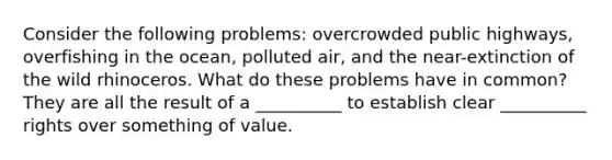 Consider the following problems: overcrowded public highways, overfishing in the ocean, polluted air, and the near-extinction of the wild rhinoceros. What do these problems have in common? They are all the result of a __________ to establish clear __________ rights over something of value.