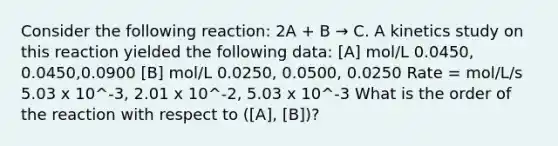 Consider the following reaction: 2A + B → C. A kinetics study on this reaction yielded the following data: [A] mol/L 0.0450, 0.0450,0.0900 [B] mol/L 0.0250, 0.0500, 0.0250 Rate = mol/L/s 5.03 x 10^-3, 2.01 x 10^-2, 5.03 x 10^-3 What is the order of the reaction with respect to ([A], [B])?