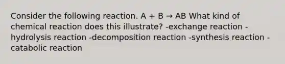 Consider the following reaction. A + B → AB What kind of chemical reaction does this illustrate? -exchange reaction -hydrolysis reaction -decomposition reaction -synthesis reaction -catabolic reaction