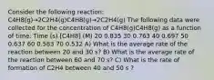 Consider the following reaction: C4H8(g)→2C2H4(g)C4H8(g)→2C2H4(g) The following data were collected for the concentration of C4H8(g)C4H8(g) as a function of time: Time (s) [C4H8] (M) 20 0.835 30 0.763 40 0.697 50 0.637 60 0.583 70 0.532 A) What is the average rate of the reaction between 20 and 30 s? B) What is the average rate of the reaction between 60 and 70 s? C) What is the rate of formation of C2H4 between 40 and 50 s ?