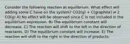 Consider the following reaction at equilibrium. What effect will adding some C have on the system? CO2(g) + C(graphite) ⇌ 2 CO(g) A) No effect will be observed since C is not included in the equilibrium expression. B) The equilibrium constant will decrease. C) The reaction will shift to the left in the direction of reactants. D) The equilibrium constant will increase. E) The reaction will shift to the right in the direction of products.