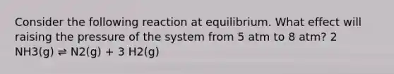 Consider the following reaction at equilibrium. What effect will raising the pressure of the system from 5 atm to 8 atm? 2 NH3(g) ⇌ N2(g) + 3 H2(g)