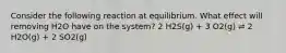 Consider the following reaction at equilibrium. What effect will removing H2O have on the system? 2 H2S(g) + 3 O2(g) ⇌ 2 H2O(g) + 2 SO2(g)