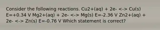 Consider the following reactions. Cu2+(aq) + 2e- Cu(s) E=+0.34 V Mg2+(aq) + 2e- Mg(s) E=-2.36 V Zn2+(aq) + 2e- Zn(s) E=-0.76 V Which statement is correct?